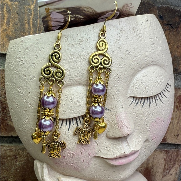 Gold turtle and Purple glass Dangle Earrings - Picture 1 of 5